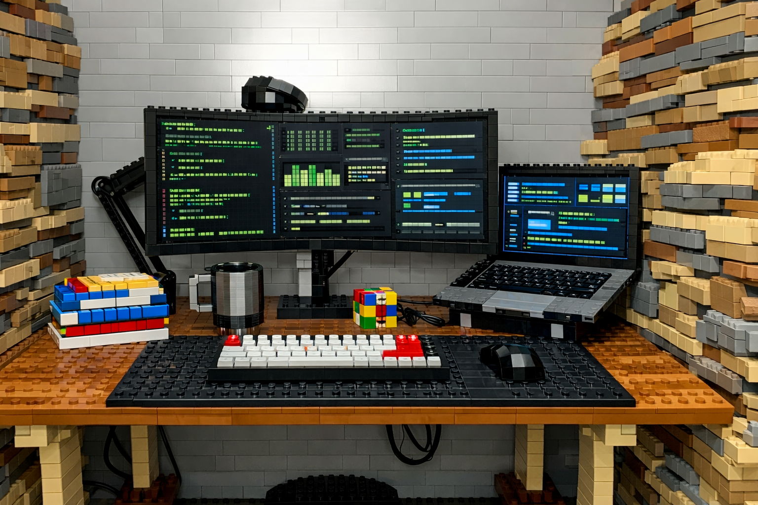LEGO desk setup with monitors and keyboard
